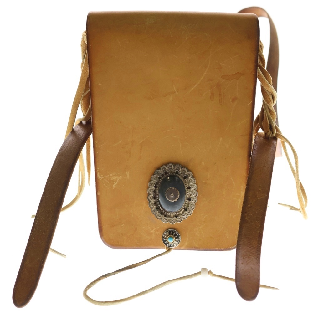 メタル付き特大フラワーコンチョ 金縄ターコイズコンチョ付き 長角シングルメディスンバッグ ブラウン Bランク