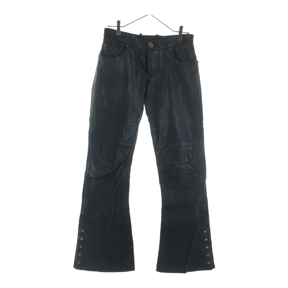 クロスボールサイドスナップボタン ダブルニーレザーフレアパンツ ブラック Bランク