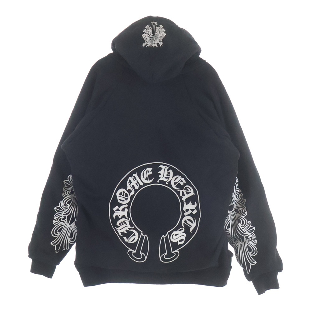 OLD SWTSHRT PLVR 袖フローラルバックホースシュープリント 裏地サーマルプルオーバーパーカー ブラック Bランク