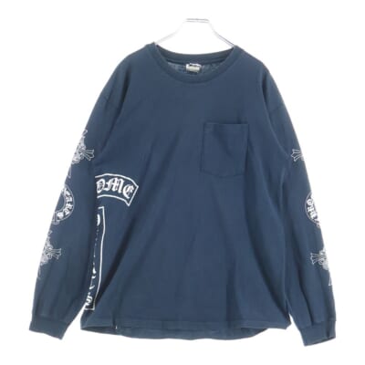 OLD オールド 袖クロスプリント クルーネック 長袖Tシャツカットソー ネイビー Bランク