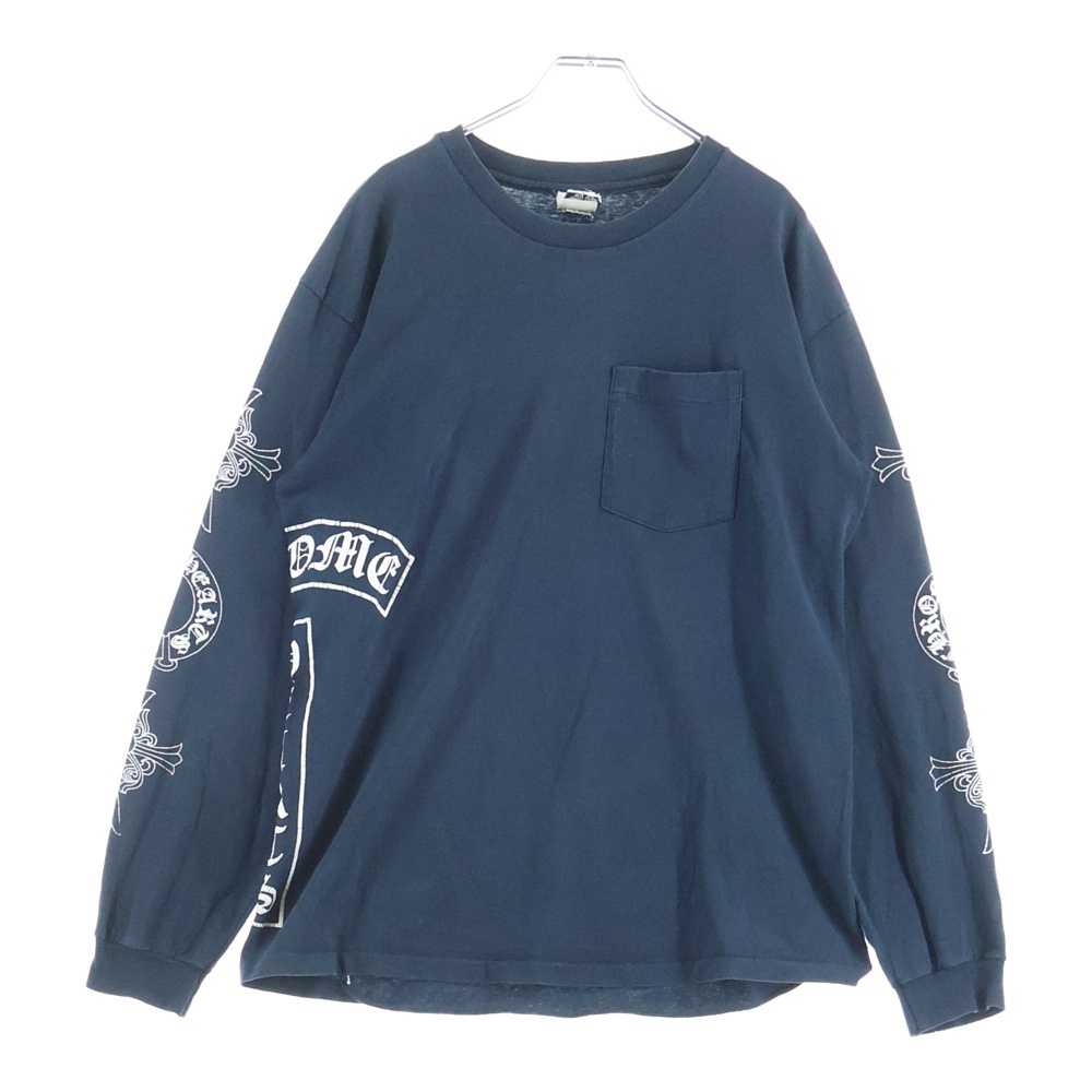 OLD オールド 袖クロスプリント クルーネック 長袖Tシャツカットソー ネイビー Bランク