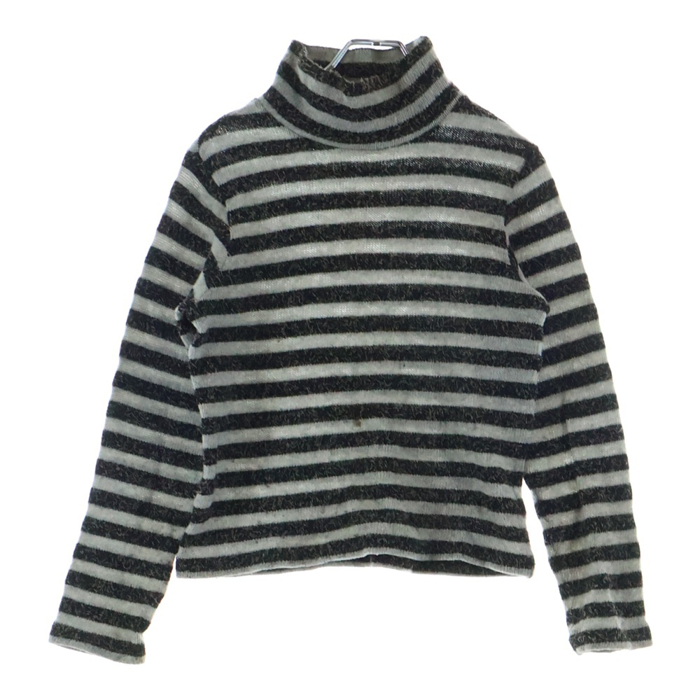 ボーダー総柄 ウール ハイネック プルオーバー 長袖ニット セーター ブラウン/グレー Bランク