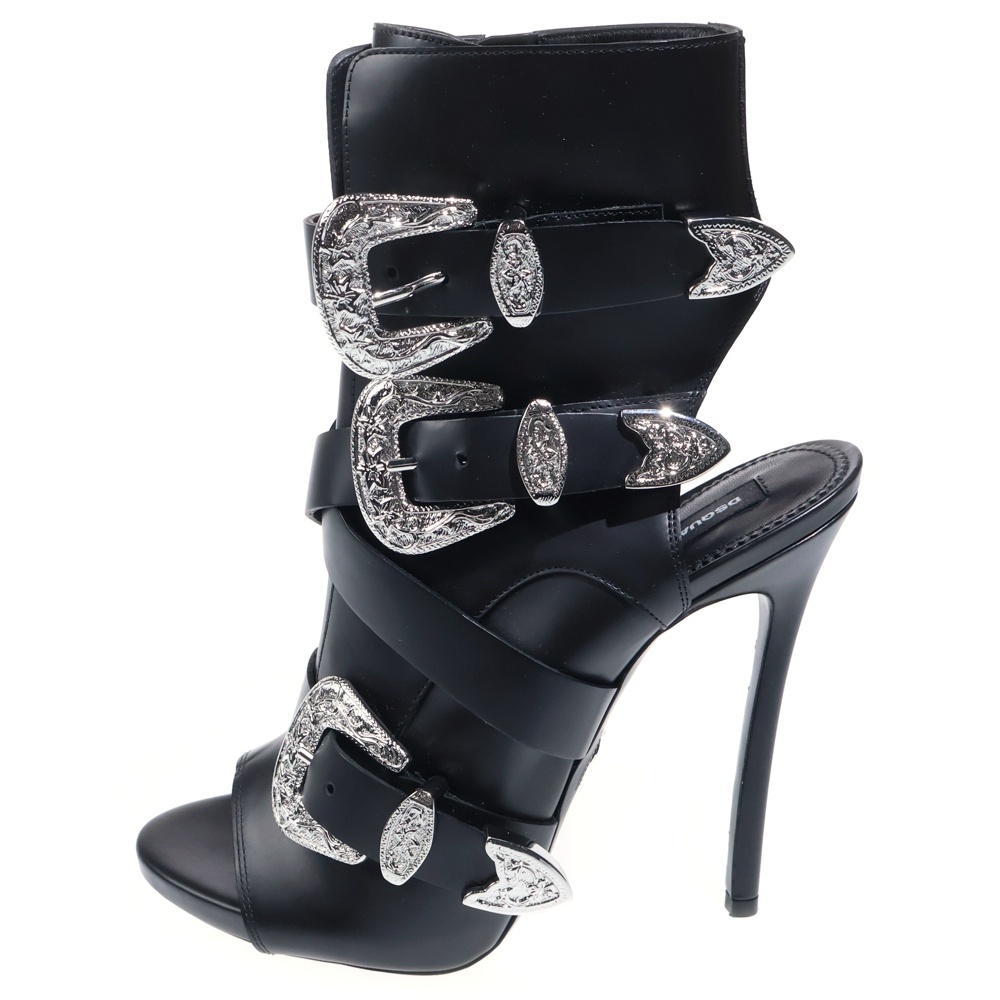 ウエスタンバックル ベルトデザイン レザー サイドジップ ヒール オープントゥ ハイカットシューズ ショートブーツ サンダル ブラック レディース Bランク