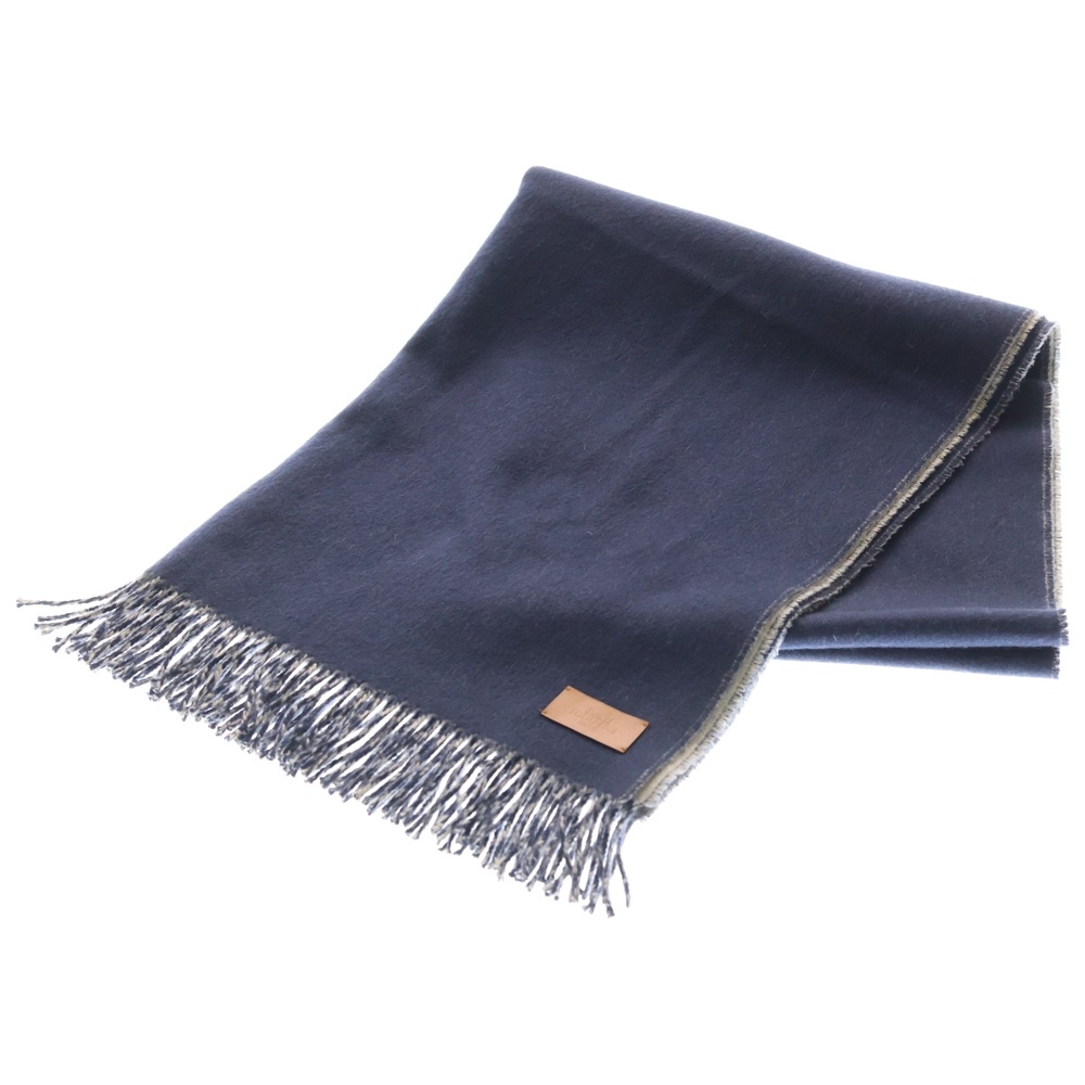 カシミヤ フリンジ ダブルフェイス マフラー ストール ベージュ/ネイビー Aランク