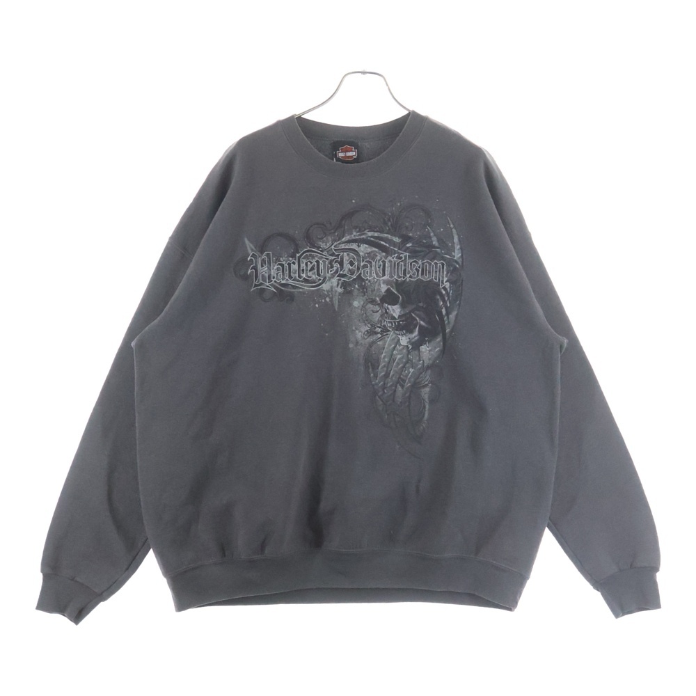 00S VINTAGE ヴィンテージ フロントスカル バックロゴプリント クルーネックスウェットトレーナー グレー Bランク