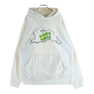 23AW ×KAWS RABBIT HOODIE ラビットロゴプリント フーデットスウェットパーカー ホワイト Bランク