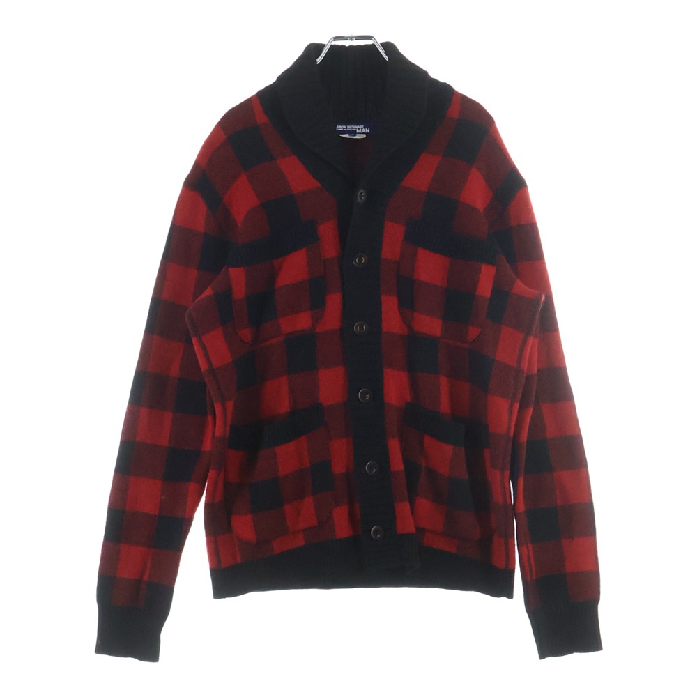 12AW AD2012 マルチポケット チェック柄 ニット カーディガン レッド WJ-N006 Bランク