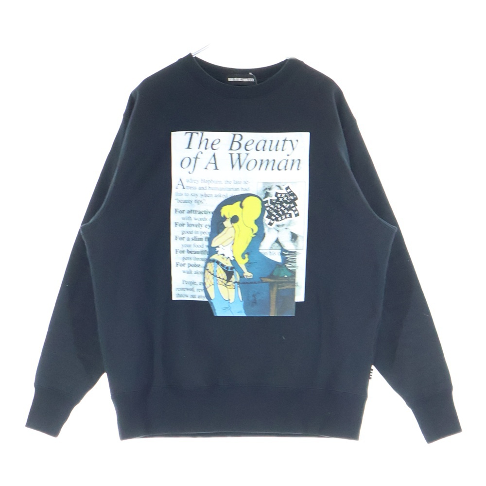 フロントプリントデザイン クルーネック スウェット セーター ブラック Bランク