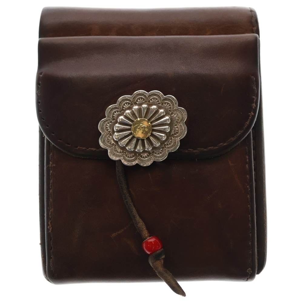 K18付きフラワーコンチョ 二つ折り財布 レザーウォレット 赤茶 Bランク