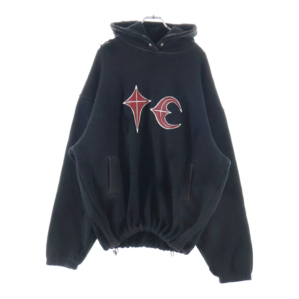 24SS ROCK HOODIE ロック チェストロゴワッペン ダメージ加工 リブヘム プルオーバースウェットパーカー フーディー ブラック TC24SS0401 Bランク
