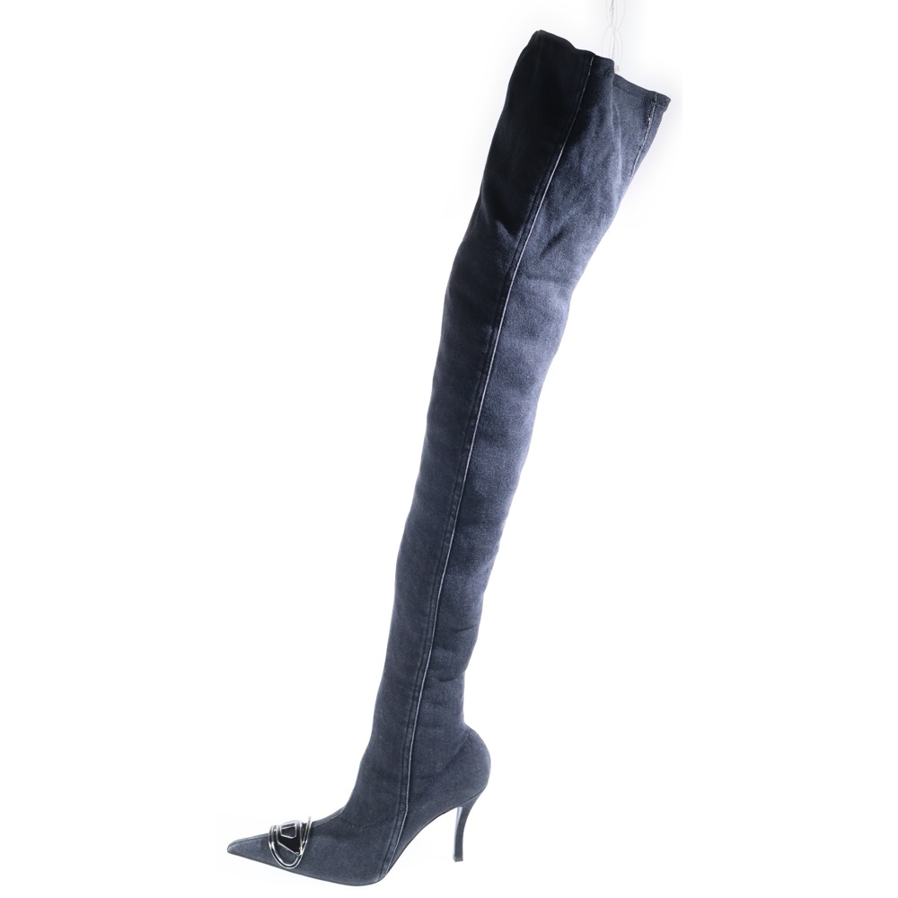 D-VENUS ロゴプレート装飾 ポインテッドトゥ ロング デニム ヒールパンプス ブーツ ブラック レディース Sランク