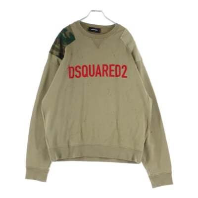 パッチワーク カモフラ ダメージ加工 フロッキーロゴプリント スウェット トレーナー ベージュ S74GU0643 S25030 Bランク