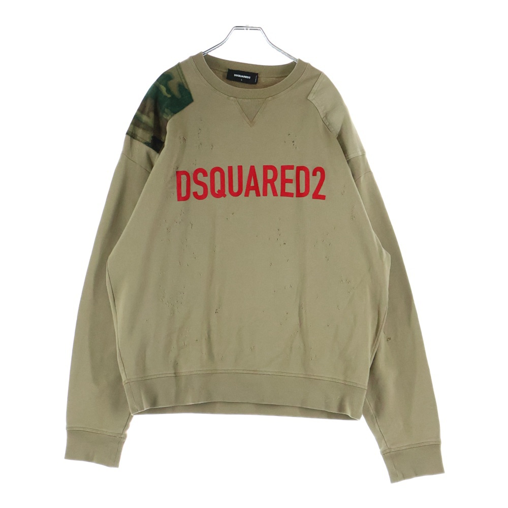 パッチワーク カモフラ ダメージ加工 フロッキーロゴプリント スウェット トレーナー ベージュ S74GU0643 S25030 Bランク