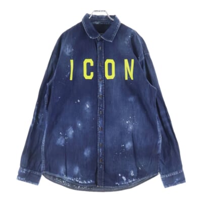 ICON ロゴプリント ダメージ加工 デニム 長袖シャツ インディゴ S74DM0273 S30341 Bランク