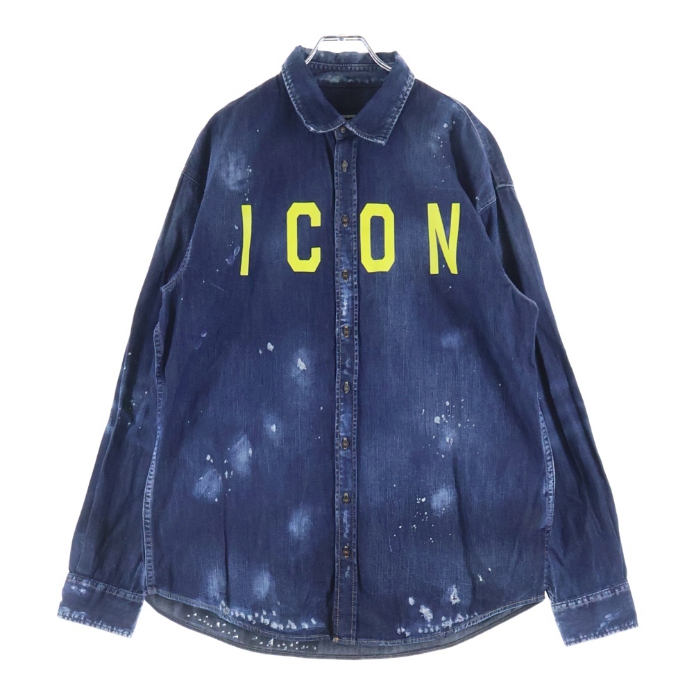 ICON ロゴプリント ダメージ加工 デニム 長袖シャツ インディゴ S74DM0273 S30341 Bランク