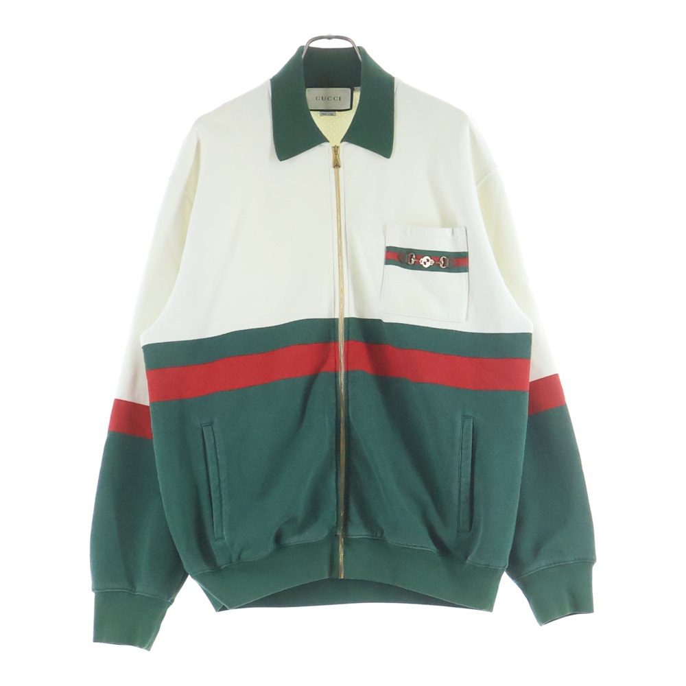 GG ホースビットポケット シェリーライン ジップ スウェット ホワイト/グリーン 625402 Bランク