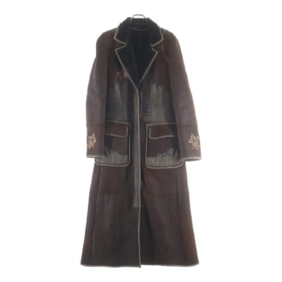 フラワーエンブロイダリー ムートンレザー コート ブラウン Bランク