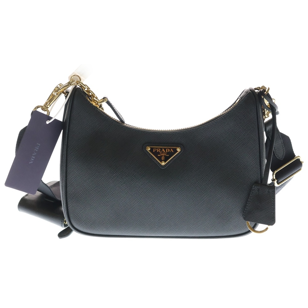 Re-Edition 2005 サフィアーノ トライアングルロゴ ショルダーバッグ ゴールド金具 ブラック 1BH204 Sランク