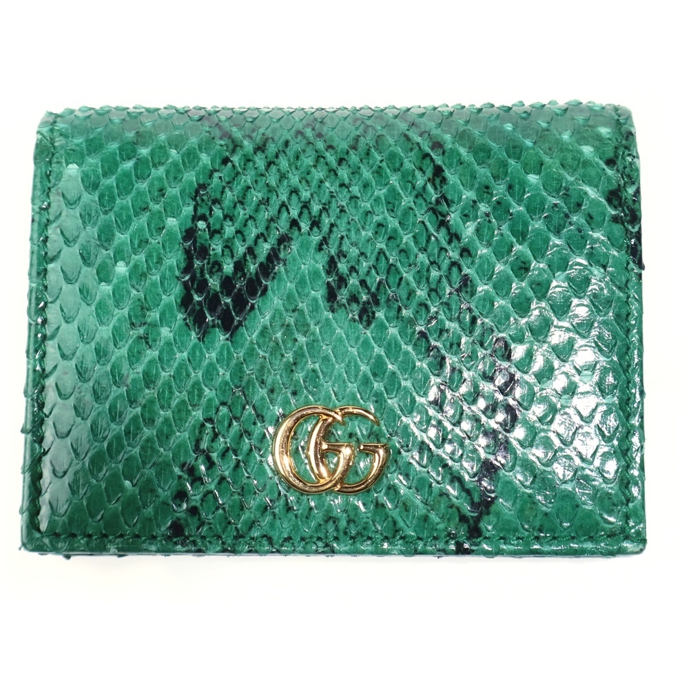 GGマーモント パイソンレザーコンパクトウォレット 二つ折り財布 グリーン 456126 Aランク