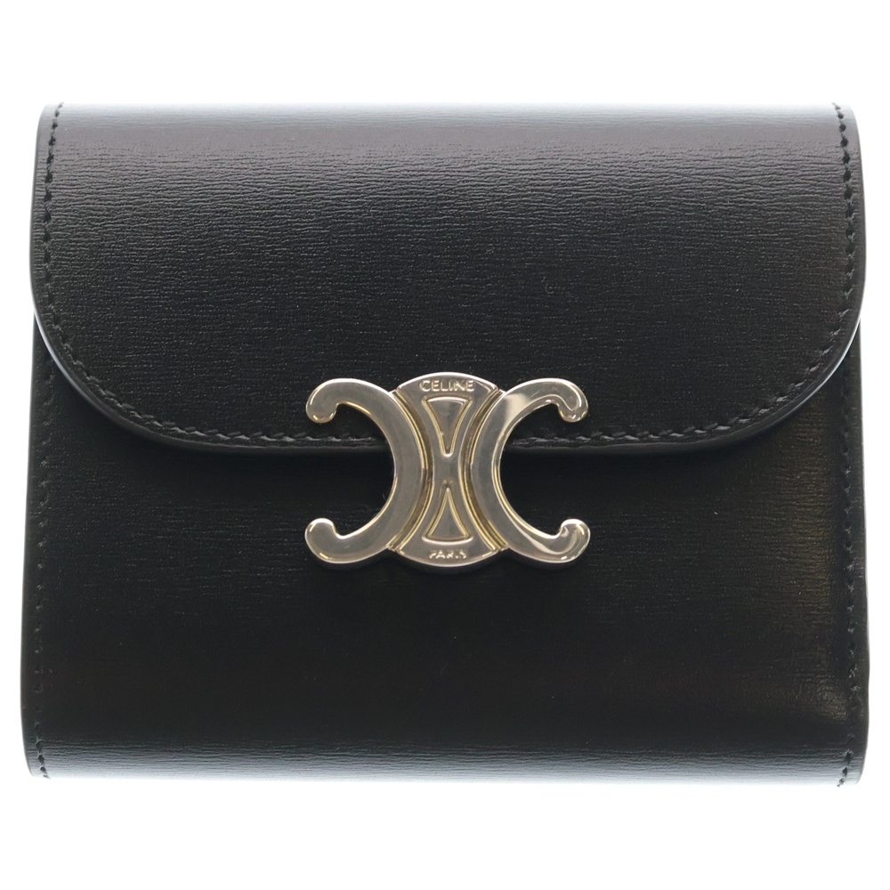 トリオンフ レザーコンパクトウォレット 三つ折り財布 ブラック SV金具 Aランク