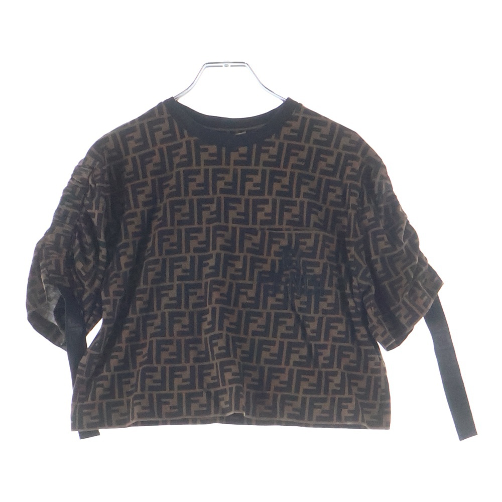FFロゴ刺繍 ズッカ総柄 クルーネック クロップド 半袖Tシャツ カットソー ブラウン レディース FS7136 Bランク