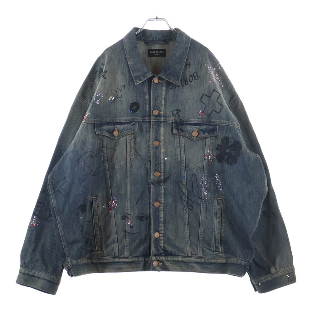 Distressed Graffiti Decoration Denim Jacket ダメージ加工 スパンコール装飾 グラフィティデニムジャケット インディゴ Sランク