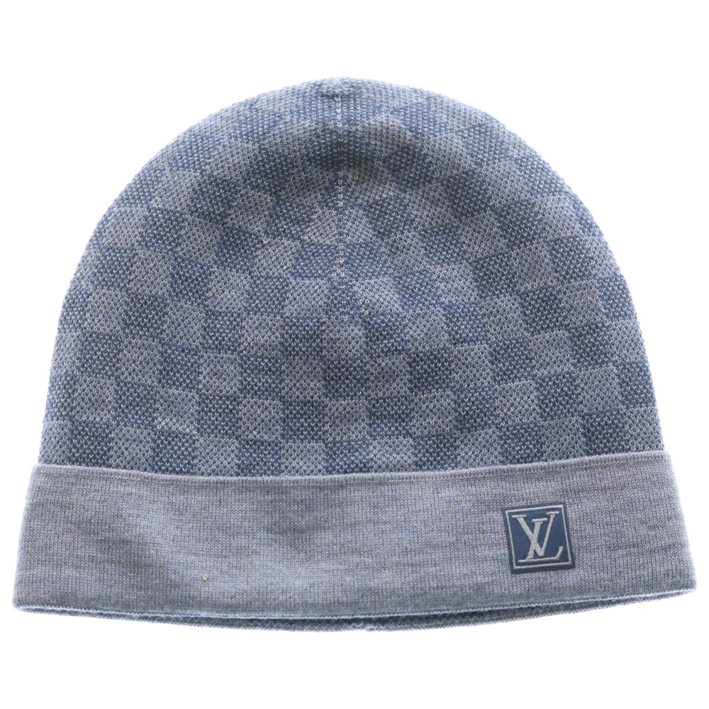 ボネ・プティ ニット帽 ビーニー ダミエ ウール ブルー Aランク