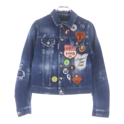 18SS ウォッシュ リペア加工 パッチ ワッペン付き デニムジャケット ブルゾン インディゴ S75AM0548 レディース Aランク