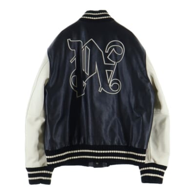 Varsity Monogram Bomber Jacket PMEK001E23FAB001 ヴァーシティ モノグラム ボンバージャケット レザー スタジャン ブラック Bランク