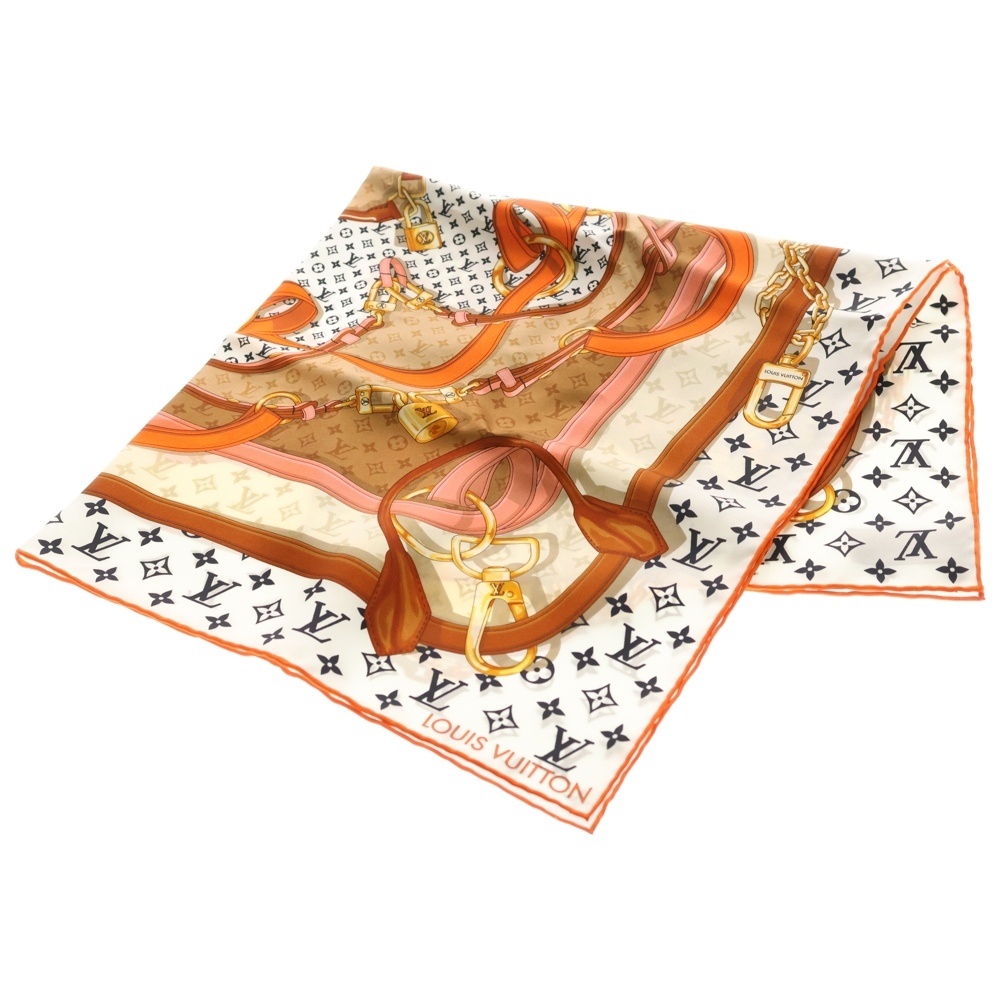 LVカレ70・フラワーアンドストライプ スカーフ ホワイト×オレンジ M77177 Aランク