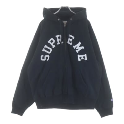 24SS ×Champion Zip Up Hoodie フロント刺繍ロゴ ジップアップパーカー ブラック Bランク