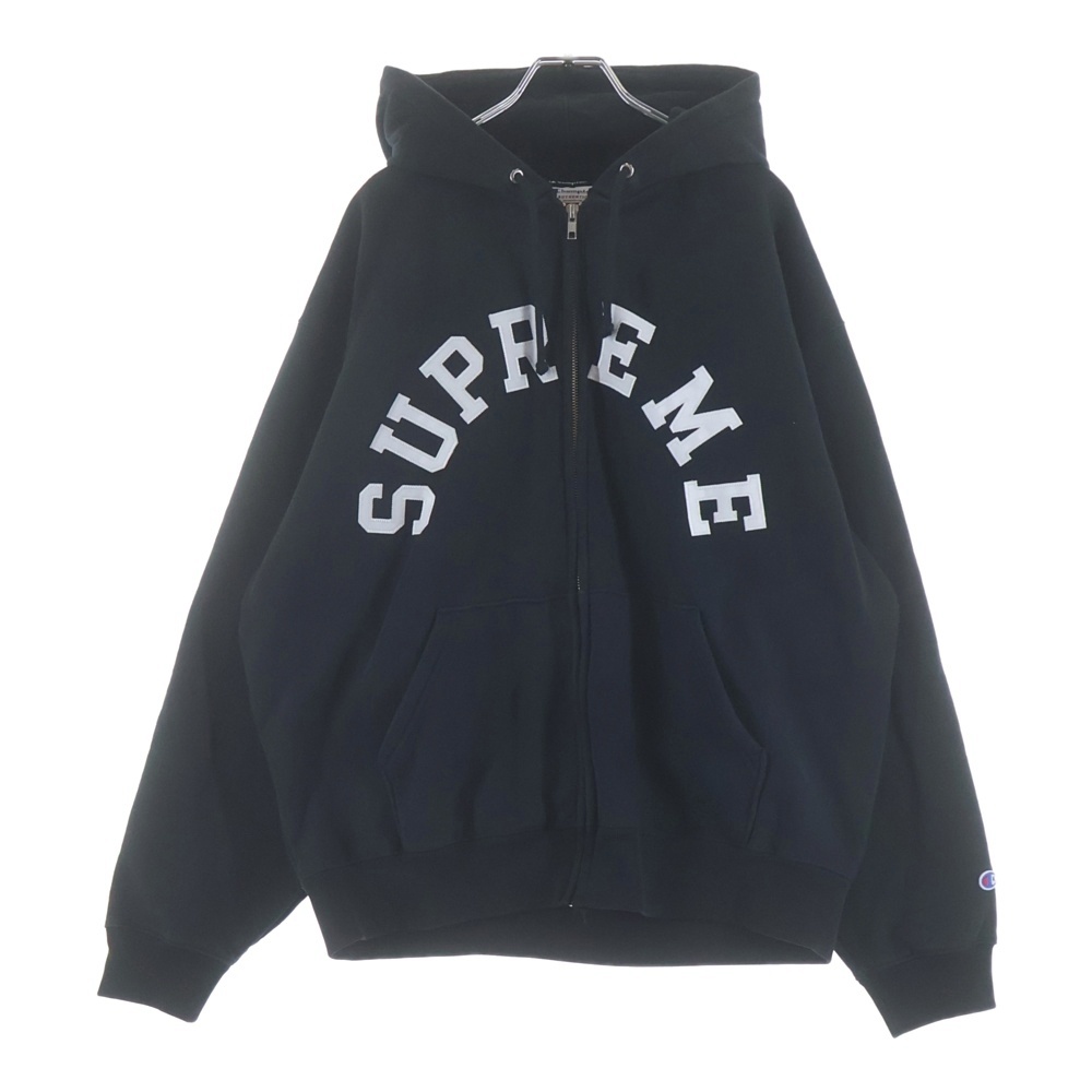 24SS ×Champion Zip Up Hoodie フロント刺繍ロゴ ジップアップパーカー ブラック Bランク