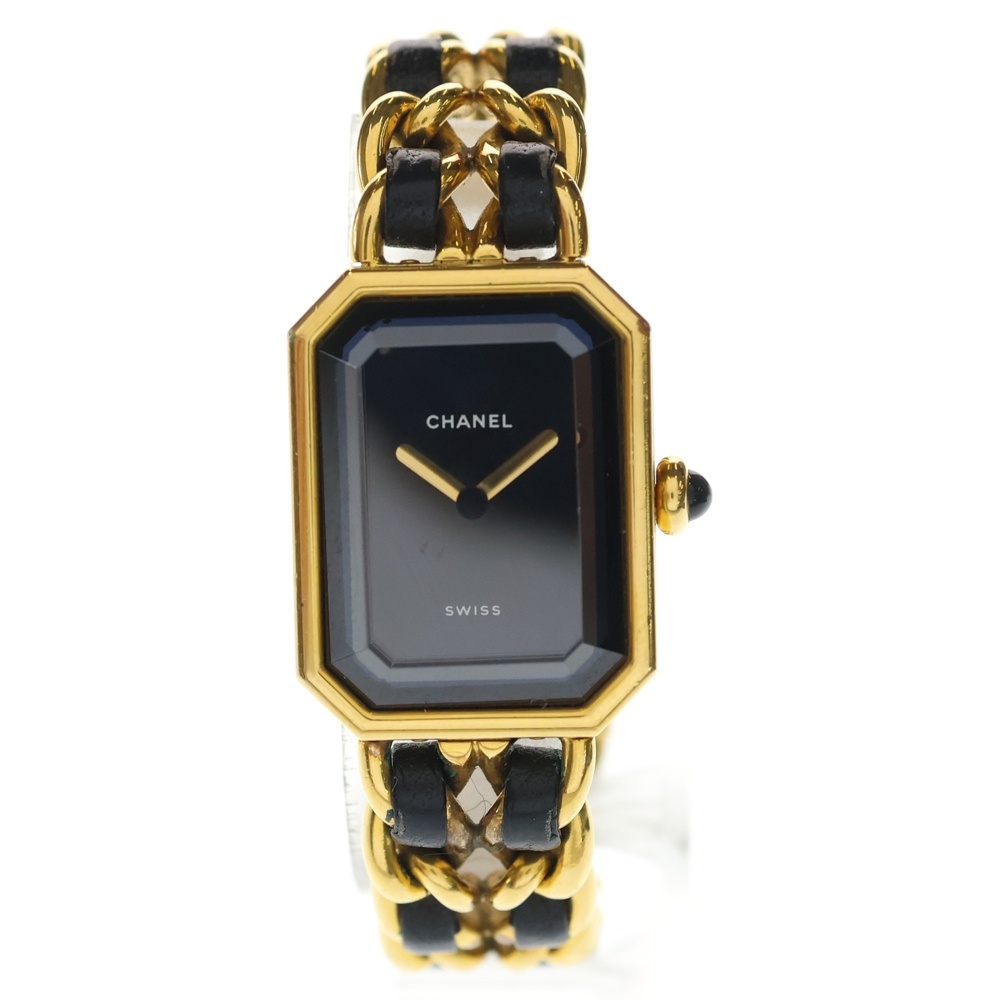 プルミエールS レザー チェーン ベルト 黒文字盤 クォーツウォッチ 腕時計 ブラック/ゴールド Bランク