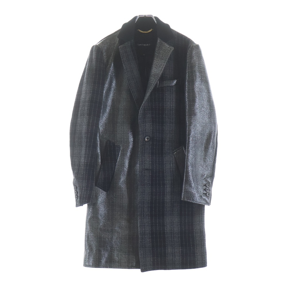 チェック総柄 PVCコーティング 切り替え ウール チェスターコート ブラック/グレー MRC099 Bランク