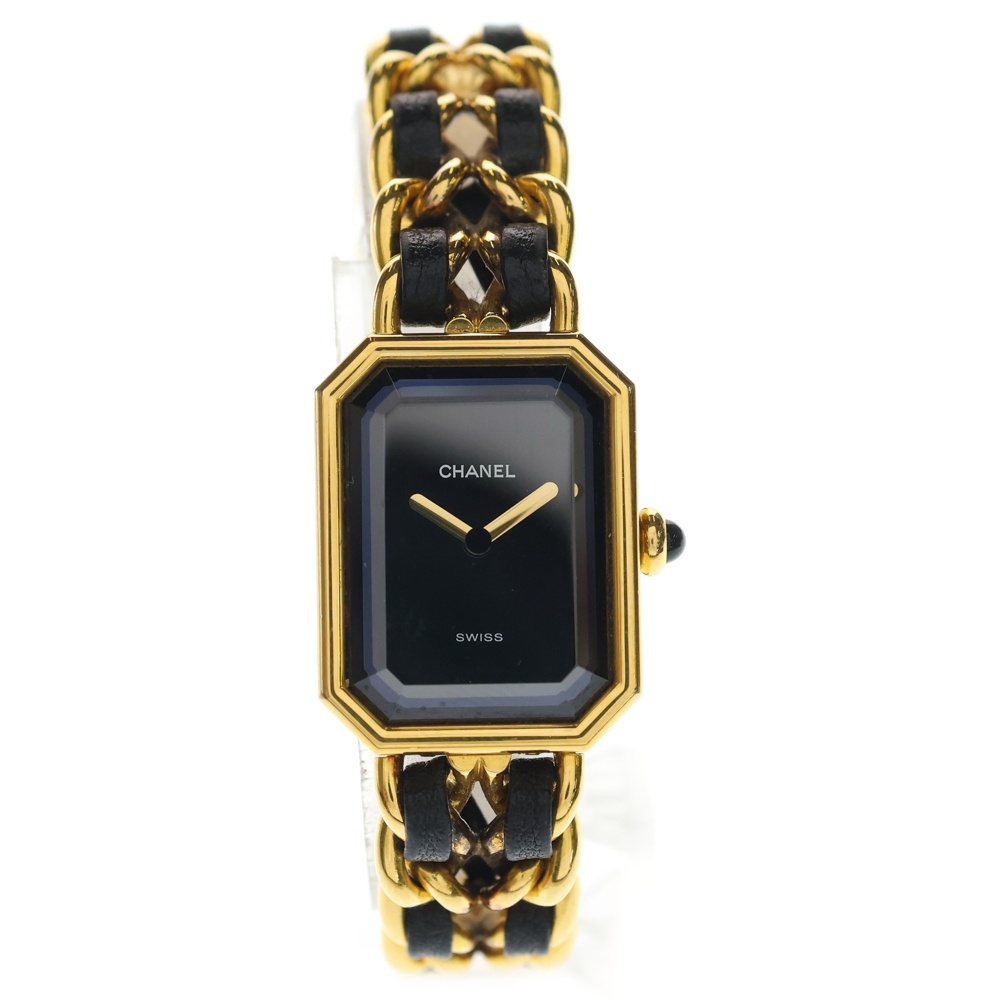 プルミエールM レザー チェーン ベルト 黒文字盤 クォーツウォッチ 腕時計 ブラック/ゴールド Bランク