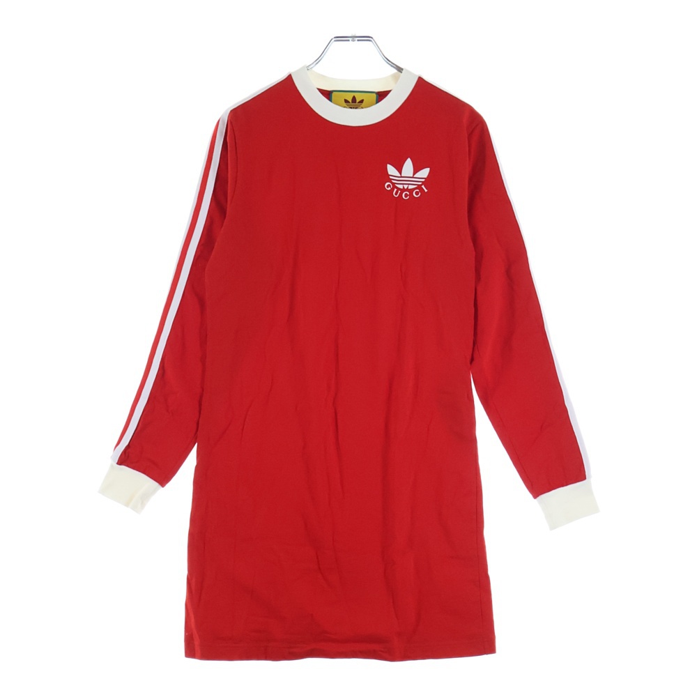 × アディダス トレフォイルロゴ プリント クルーネック ロングスリーブ 長袖 Tシャツ ワンピース カットソー レッド レディース 693537 Bランク