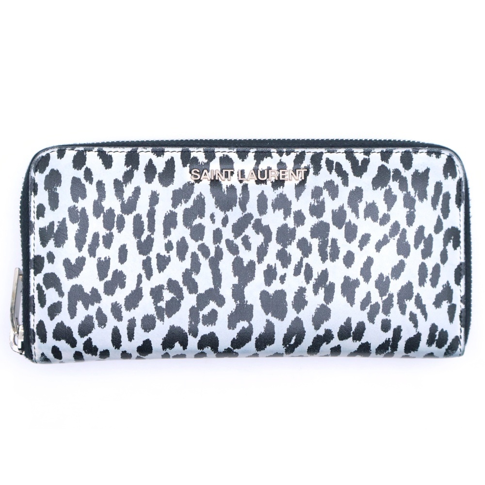 ラウンドファスナー長財布 ロングウォレット カードケース ブラック×ホワイト レオパード レザー 340841 シルバー金具 Bランク