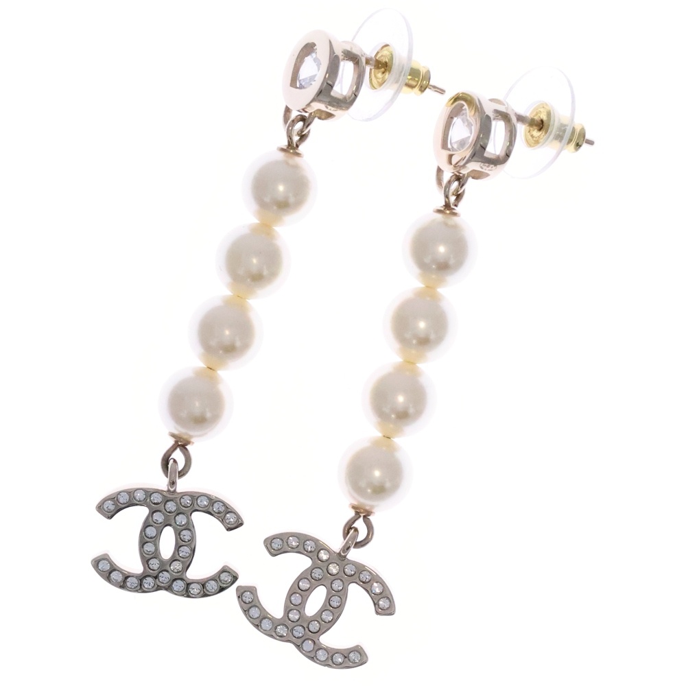 ココマーク ロゴラインストーン パールピアス ホワイト ゴールド金具 Bランク