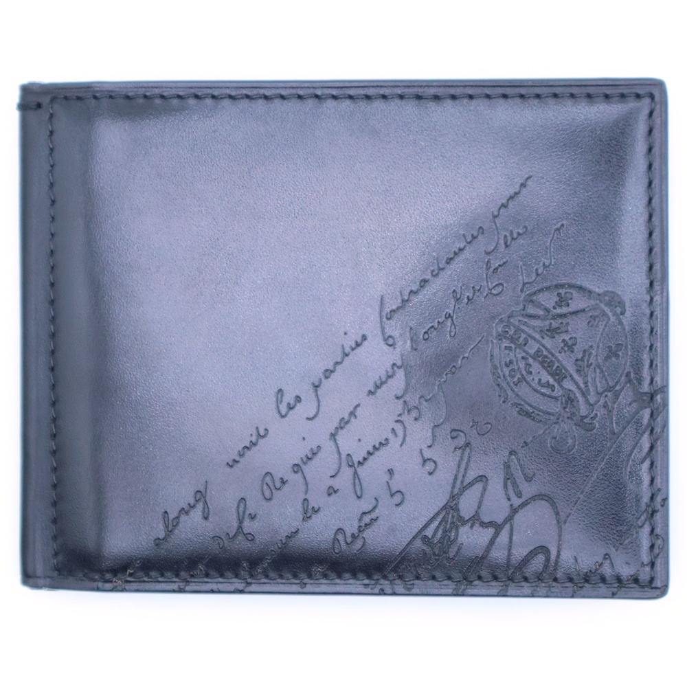 カリグラフィー マネークリップ コンパクトウォレット 二つ折り財布 ブラック レザー シルバー金具 Sランク