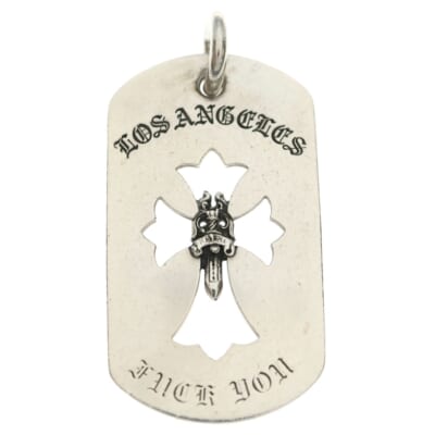 D TAG LRG CROSS DAGG LA FUCK YOU LA限定カットアウトクロスダガー ラージドッグタグ チャーム ペンダントトップ シルバー Bランク