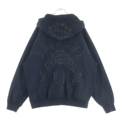 25SS Leather Applique Zip Up Hooded Sweatshirt レザーアップリケ ジップアップフーディー パーカー ブラック Bランク