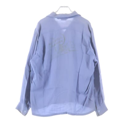 50s 袋襟 襟芯無 Wフラップ ウールレーヨンギャバ チェーンステッチ バックプリント レーヨンシャツ ブルー Bランク