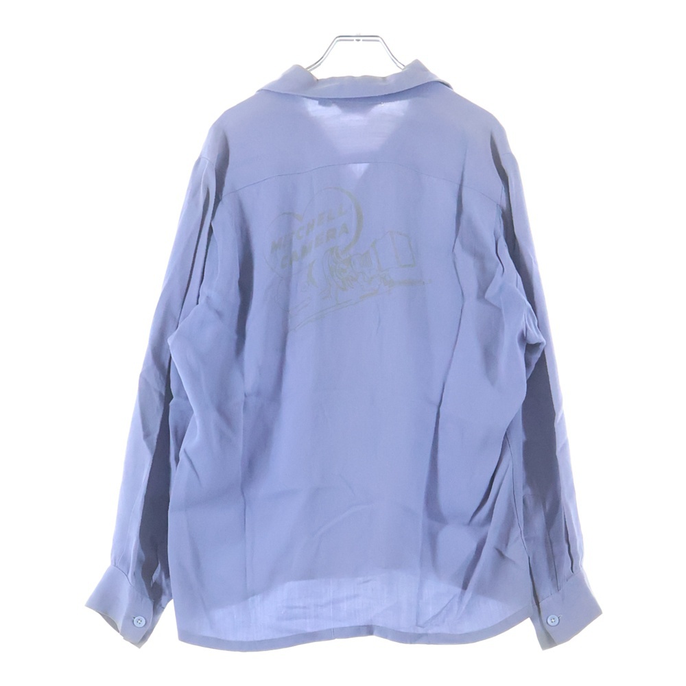 50s 袋襟 襟芯無 Wフラップ ウールレーヨンギャバ チェーンステッチ バックプリント レーヨンシャツ ブルー Bランク