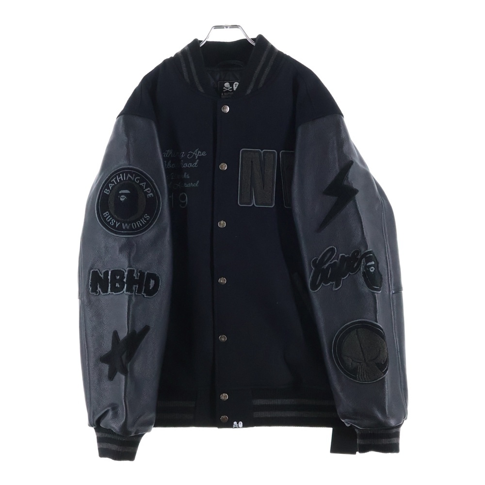 × NEIGHBORHOOD 50着限定 019シリアル入り レザーアームスタジアムジャケット 001HJJ211901C ブラック Sランク
