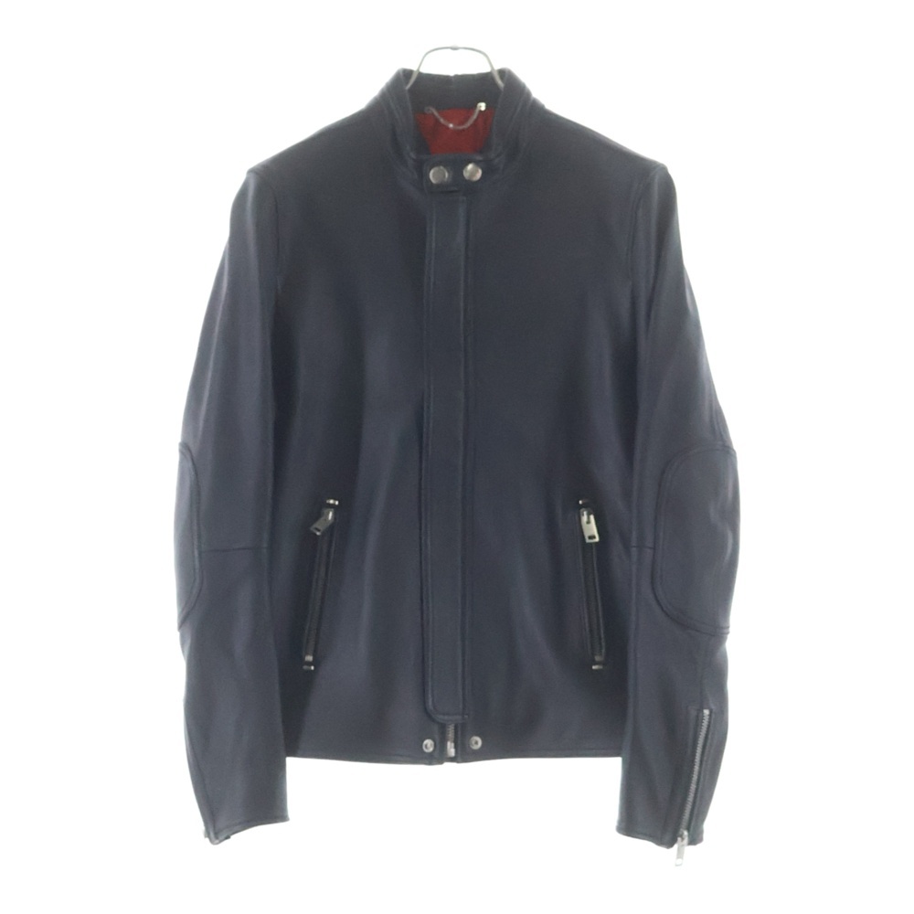 ムートンレザー エルボーパッチ ジップアップ シングルライダースジャケット ブラック Aランク