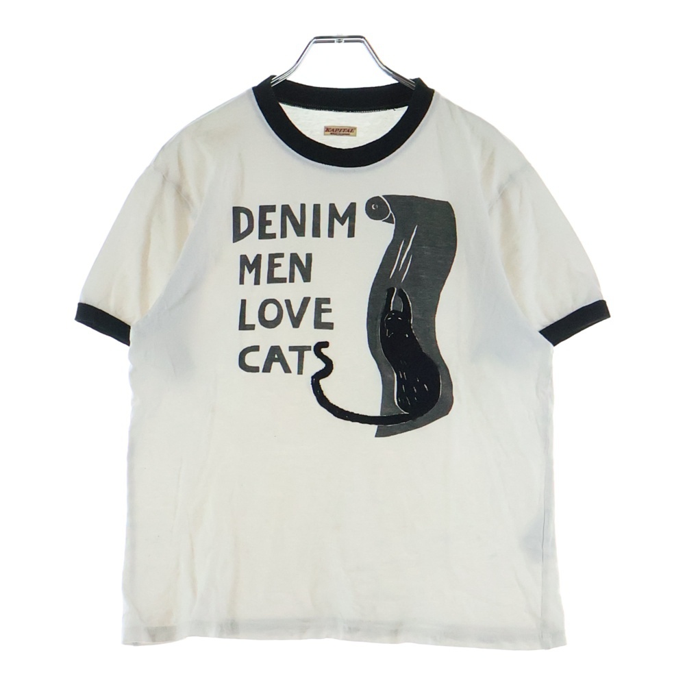 天竺 DENIM MEN LOVE CATS キャットプリント クルーネック 半袖リンガーTシャツ カットソー ホワイト Bランク