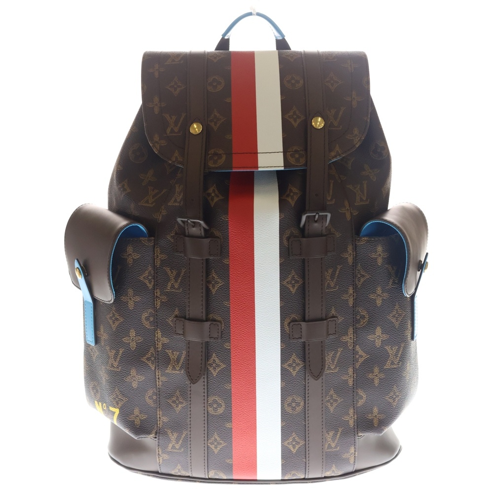 モノグラム クリストファーPM バックパック リュックサック ブルー×ブラウン レザー×PVC M59662 ゴールド金具 Aランク