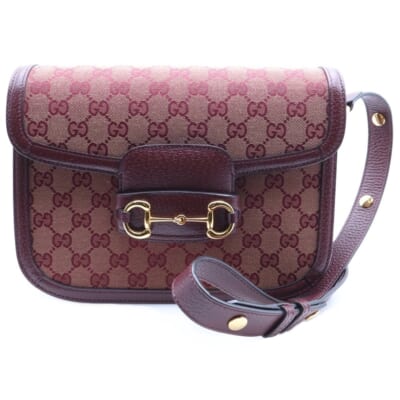 ホースビット1955 ミディアム ショルダーバッグ レッド ボルドー レザー×キャンバス 602204 ゴールド金具 Bランク