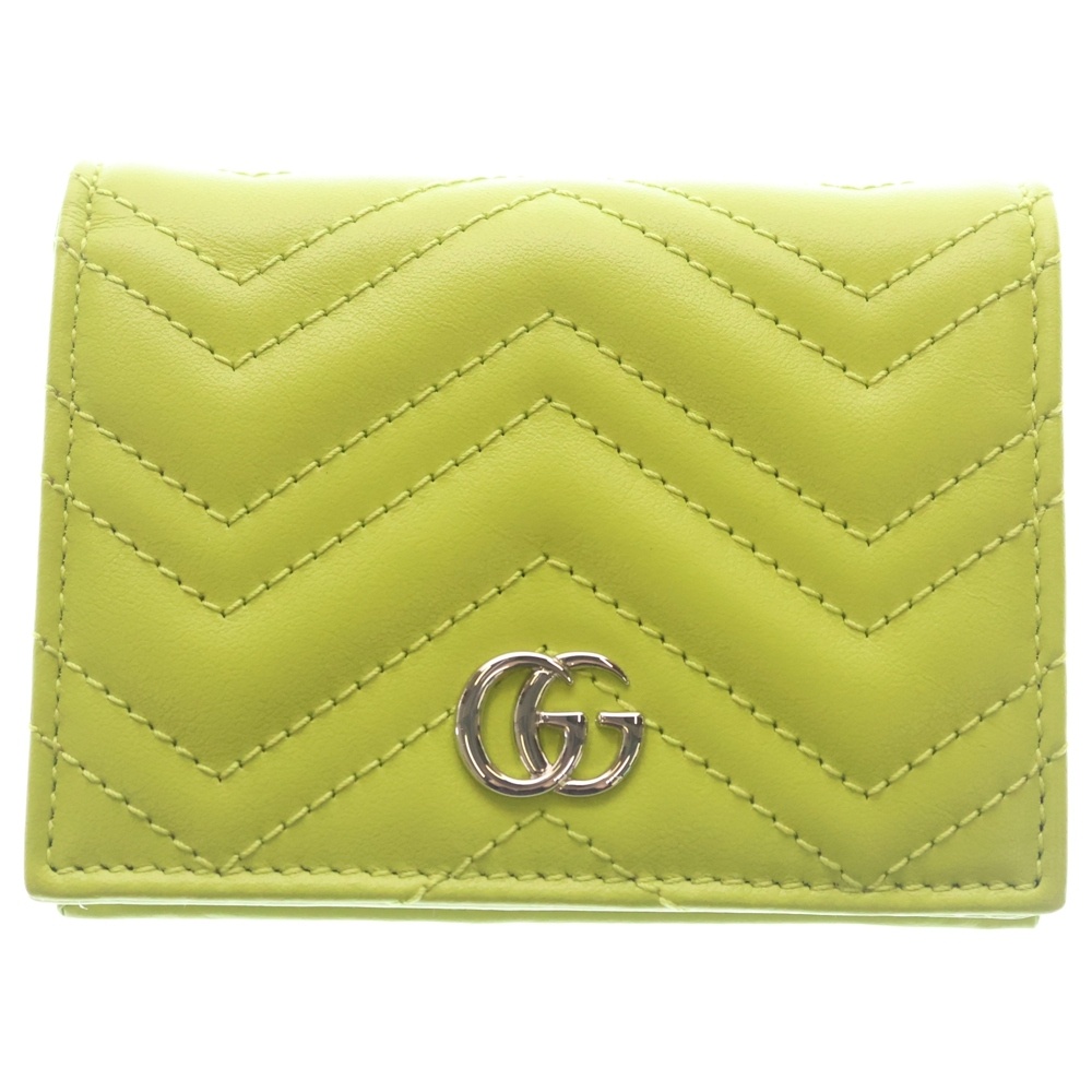 GGマーモント コンパクトウォレット 二つ折り財布 コインケース イエローグリーン レザー 466492 シルバー金具 Sランク