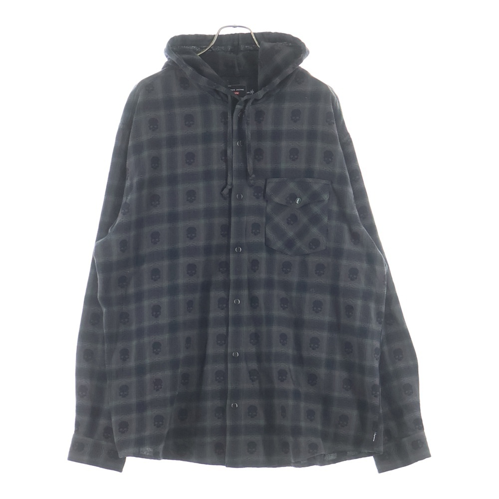 25AW ×Number（N)ine Hooded Flannel Shirt ナンバーナイン スカル総柄 フーデッド長袖フランネルシャツ グレー/ブラック Aランク
